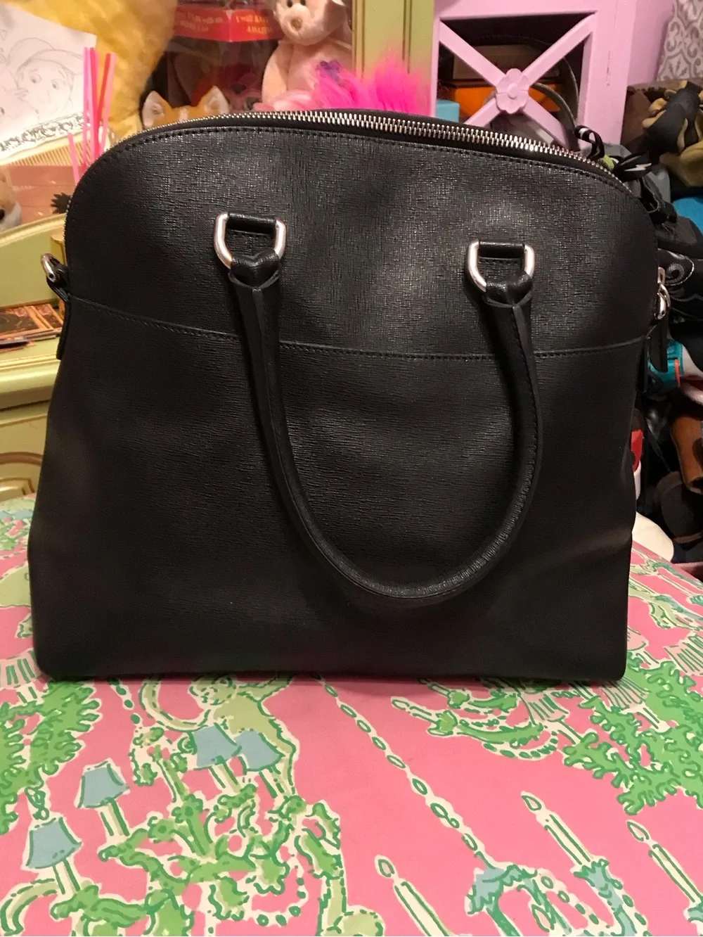 Furla black saffiano leather satchel handbag